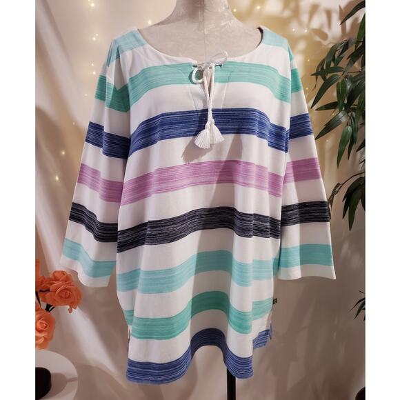 T by Talbots Striped Lace Up Rope Tassel 3/4 Sleeve Pullover Top Plus Size 3X - Picture 1 of 10